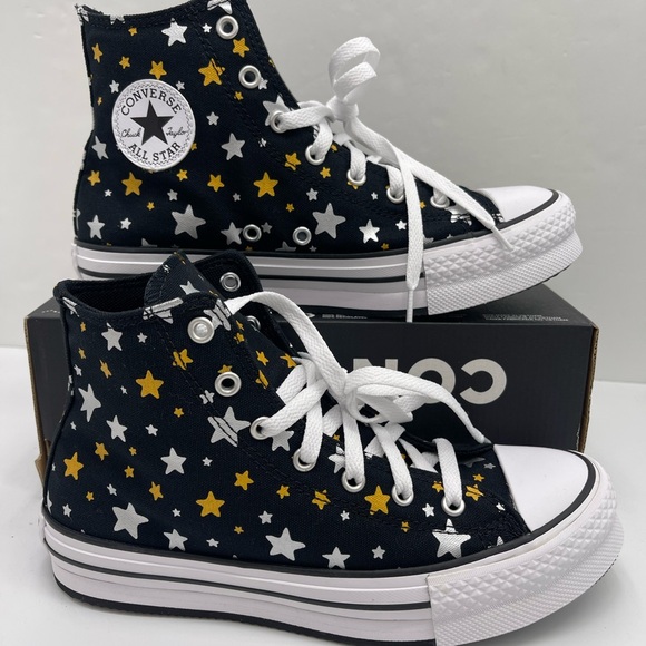 Converse Shoes - Converse WMNS Star Pattern High-Top
CTAS EVA LIFT HI
BLACK/SILVER/GOLD Sneakers